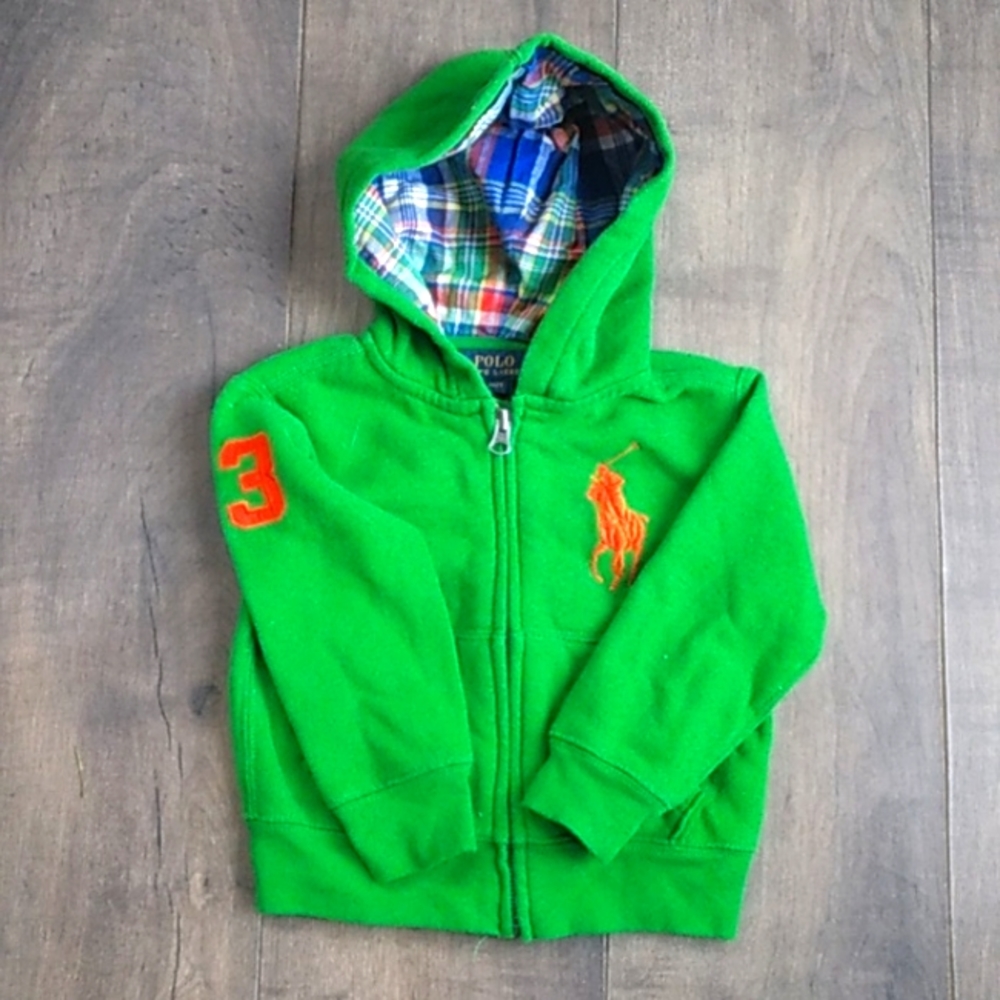 RALPH LAUREN LIME GREEN BIG POLO FULL ZIP HOODIE WITH PLAID HOOD BOYS 2T